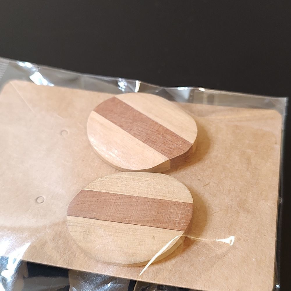 Hand Crafted 2-Tone Wood Organically Round Pierced Earrings New in Package